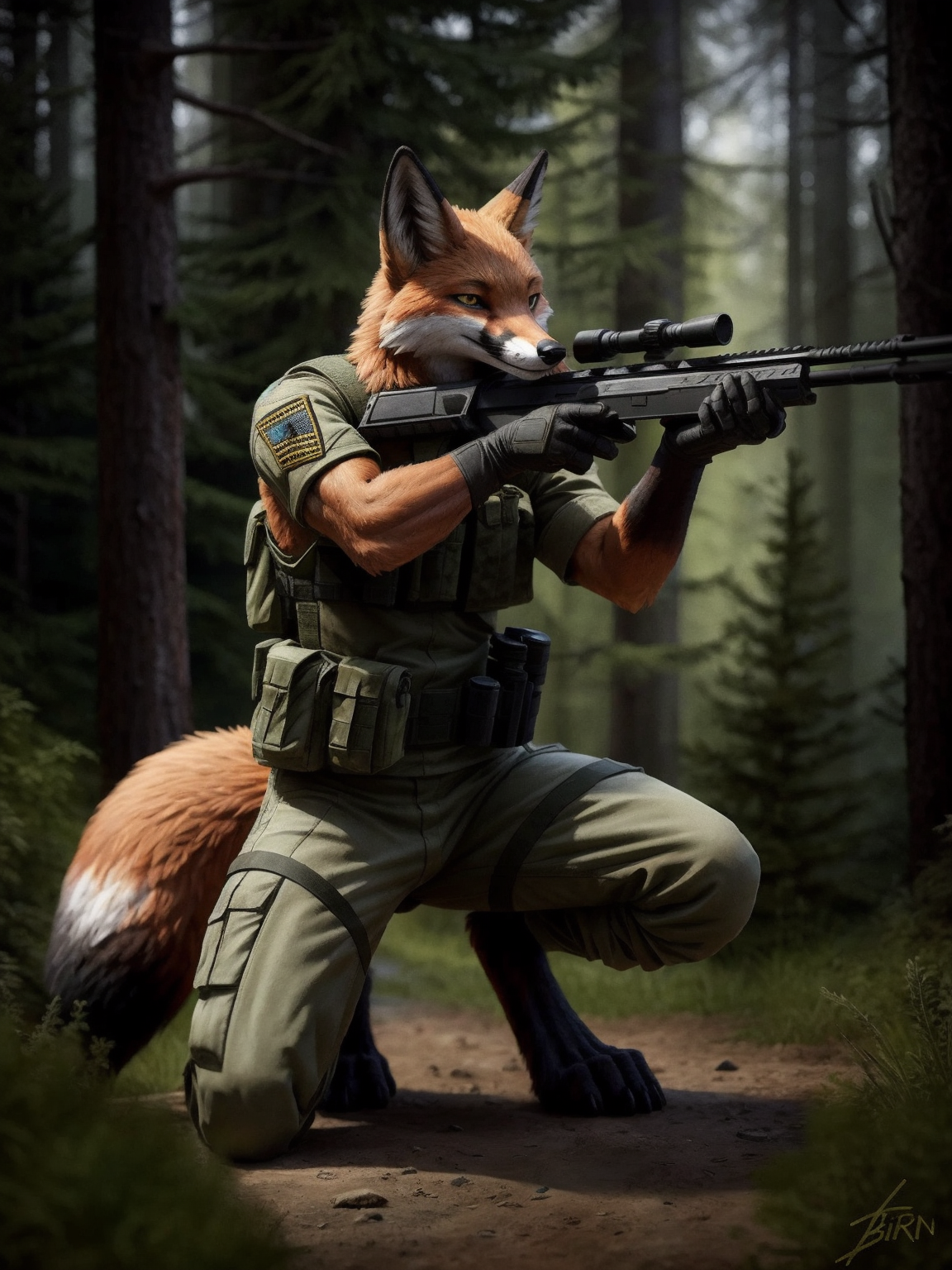 29236-232357081-for unreal-engine-5,anthro,male,fox swat with guns,glove,rifle,Battlefield commander,Forest,Kneel on one knee,hide,aiming,scope,.png